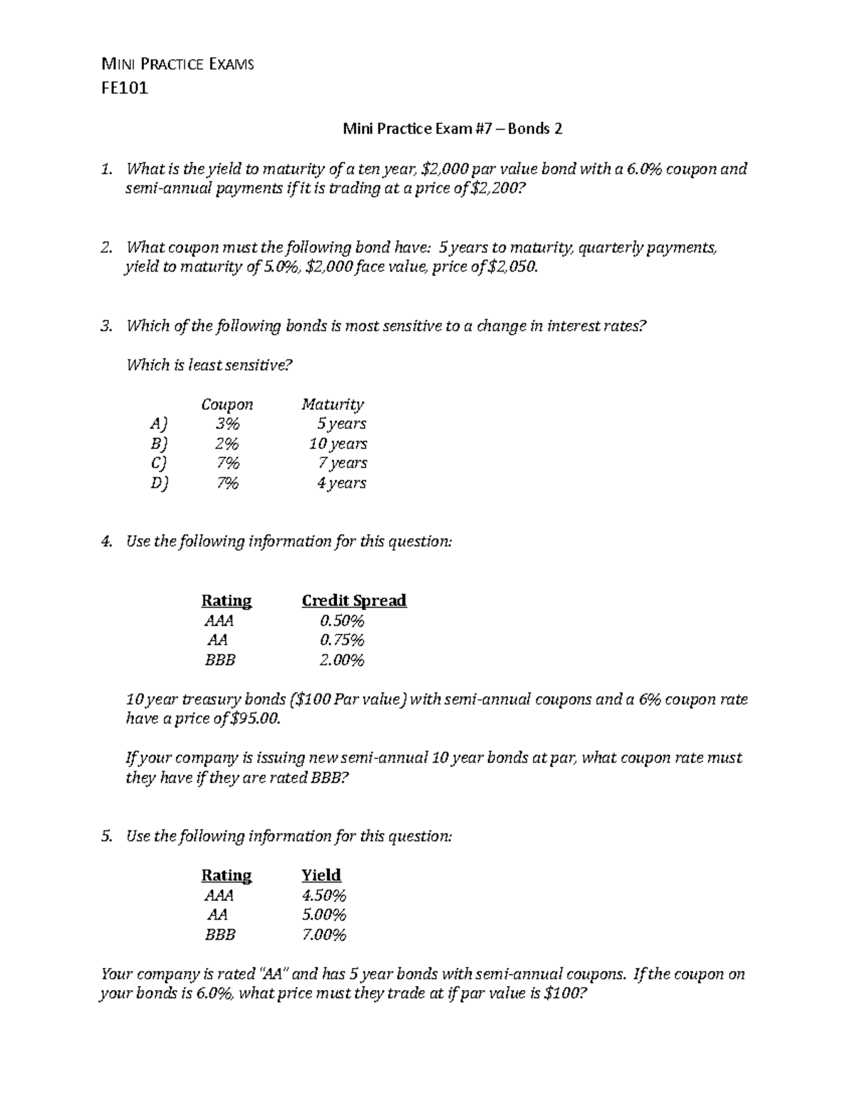 Mini Practice Exam 7 Bonds 2 - MINI PRACTICE EXAMS FE101 Mini Practice ...