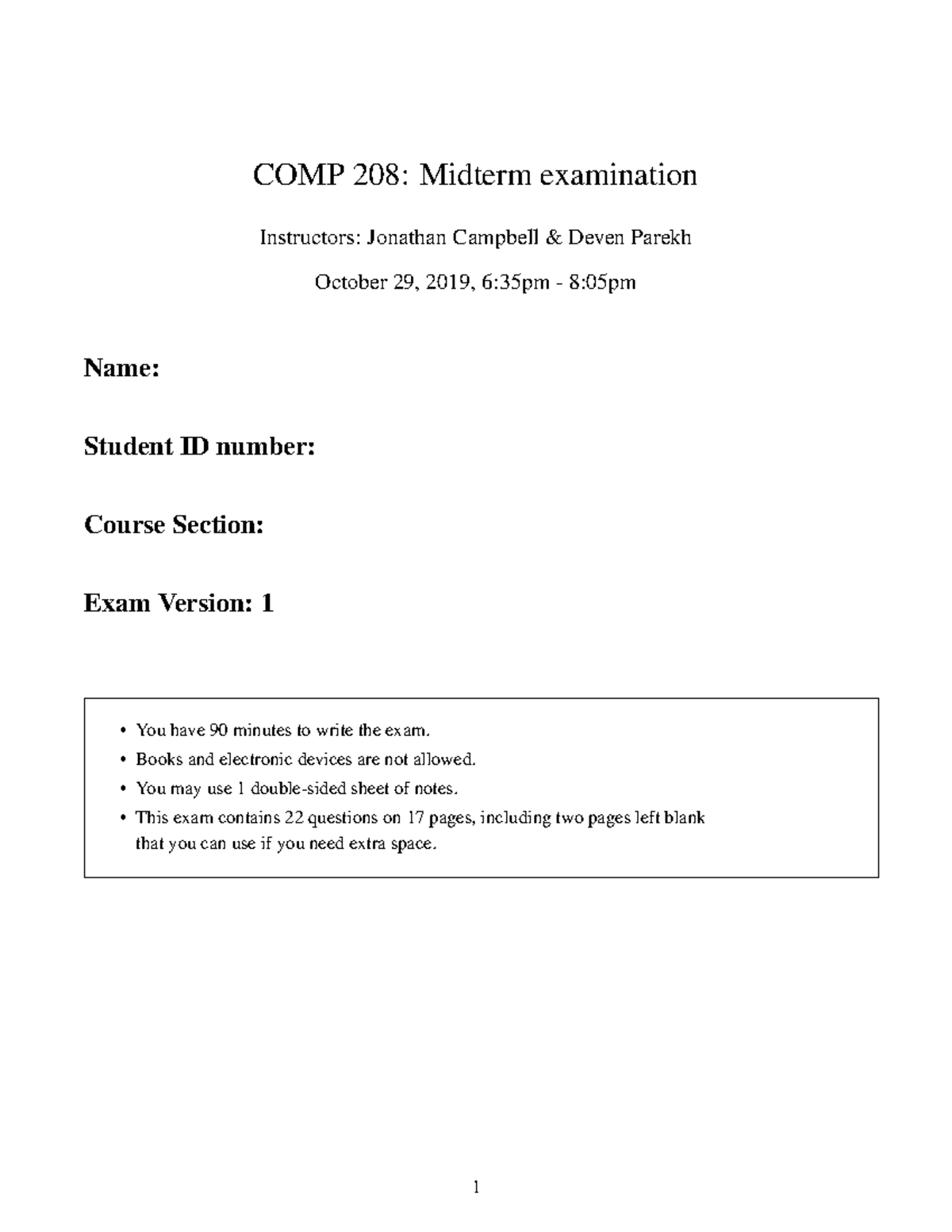 Midterm COMP208 F2019 sols - COMP 208: Midterm examination Instructors ...