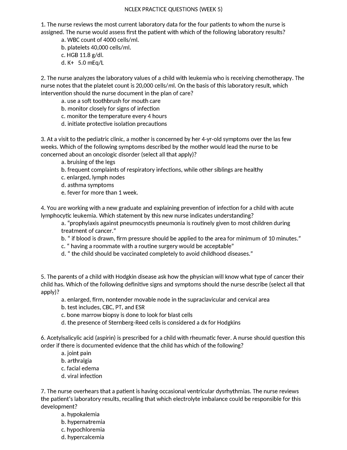 Nclex Practice Questions week 5 NCLEX PRACTICE QUESTIONS (WEEK 5) The