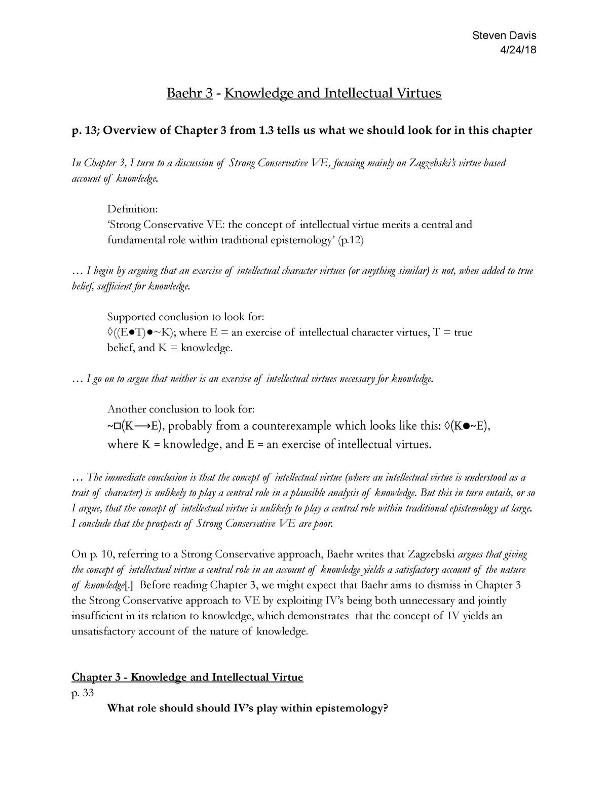 PHIL410 Baehroutline Detailed outline of assigned reading from spring