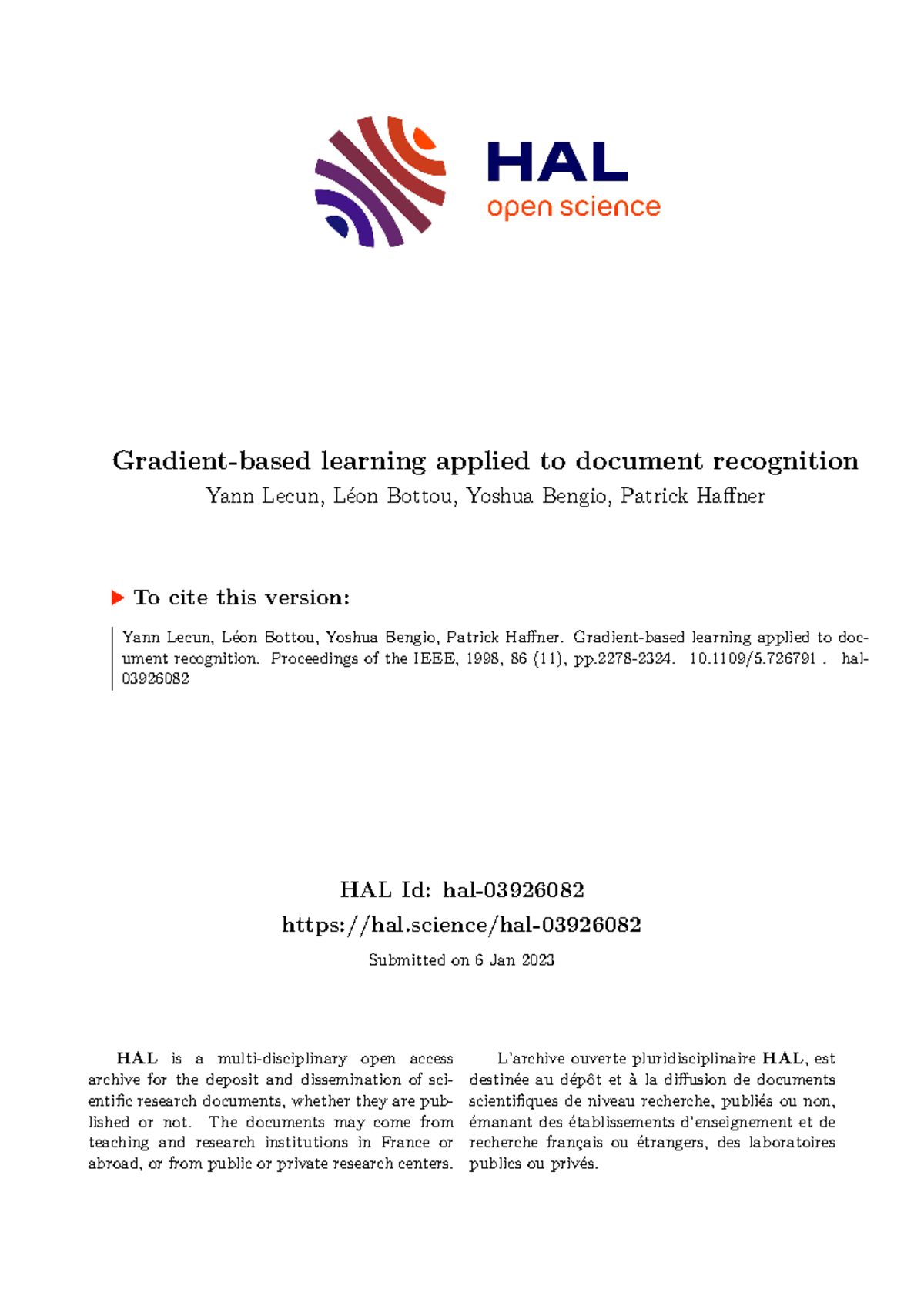 Gradient-based learning applied to document recognition - HAL Id: hal ...