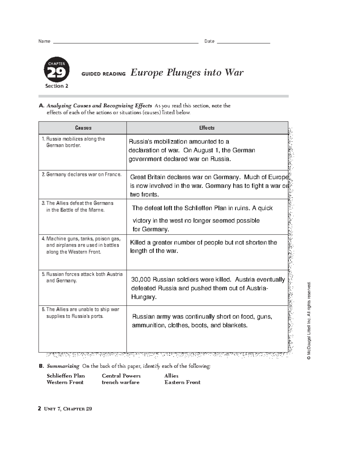 Europe plunges into war wksht © McDougal Littell Inc. All rights