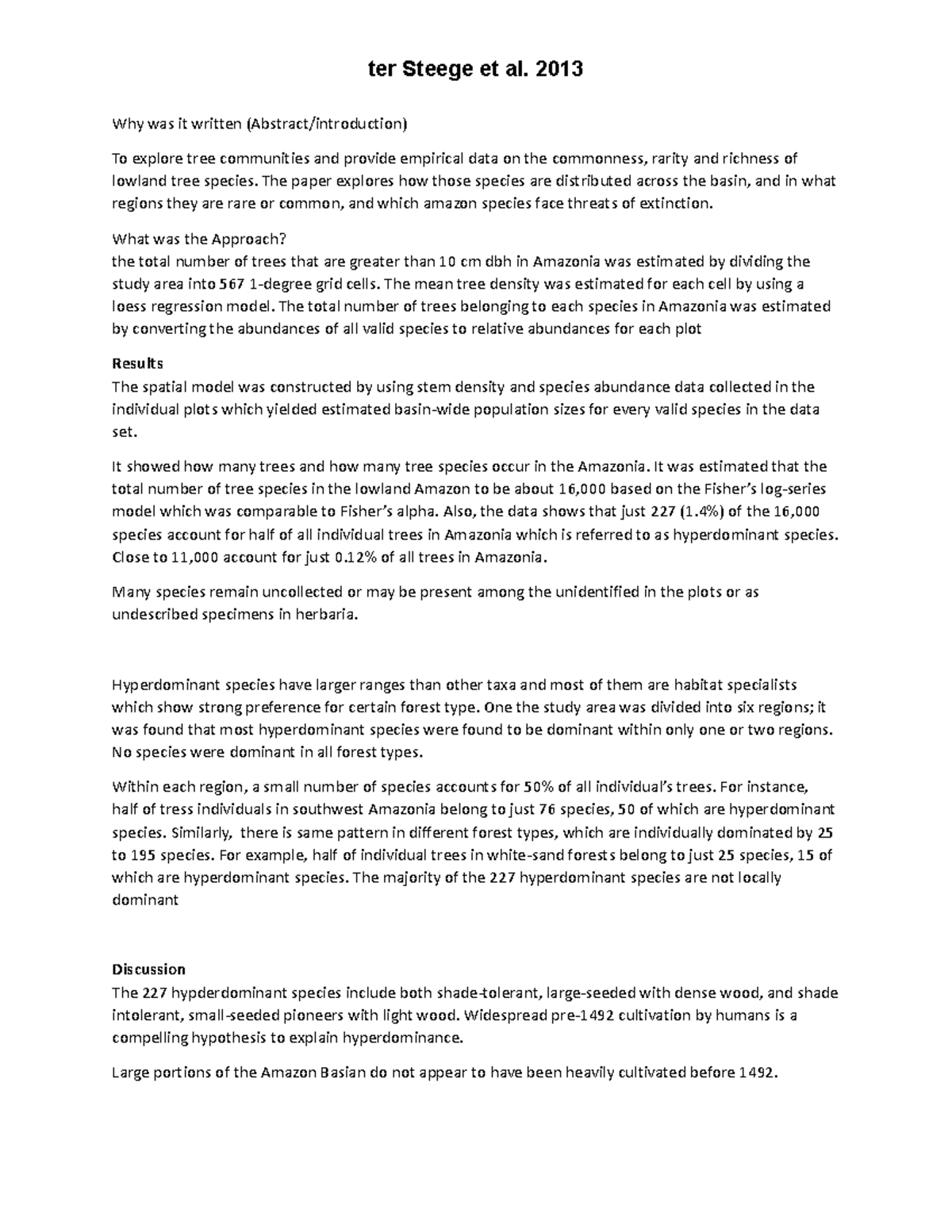 Ter Steege et al. 2013 - Notes - BIOS 435 - UIC - Studocu