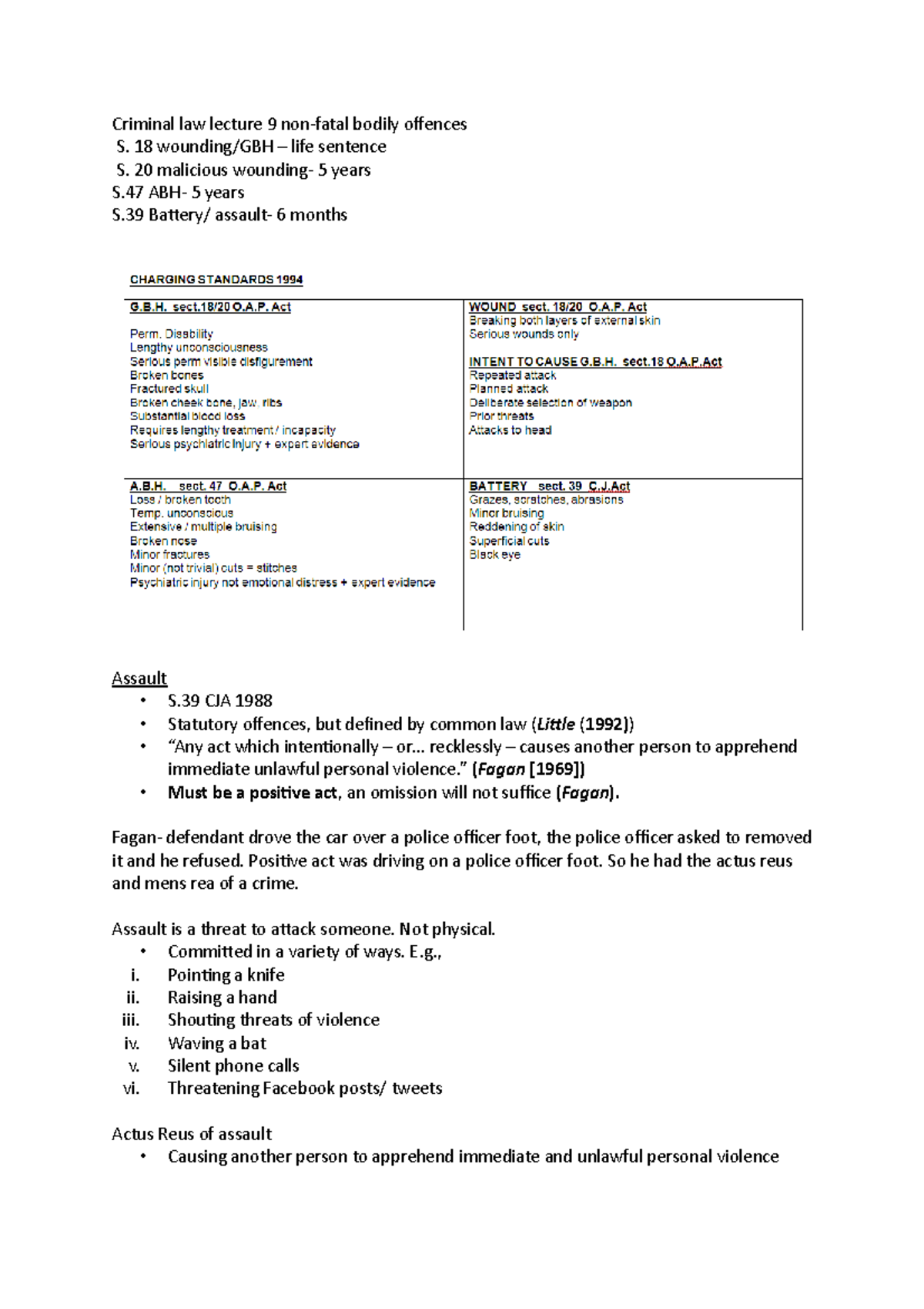 Criminal law lecture 9 notes - Criminal law lecture 9 non-fatal bodily ...