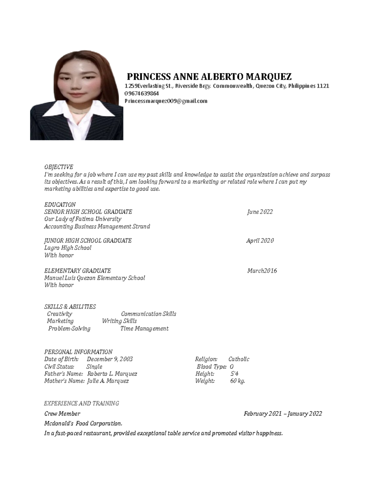 Resume-Marquez,pa - Lecture notes 1 - PRINCESS ANNE ALBERTO MARQUEZ ...