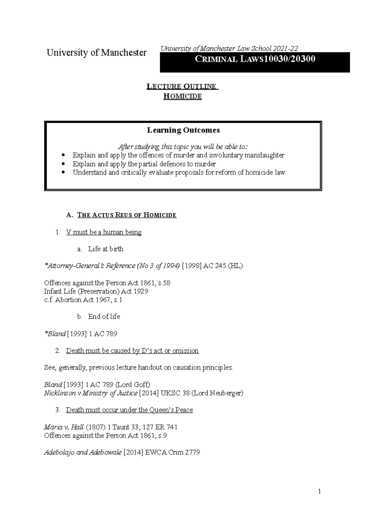 Criminal Law 4 - Lecture Notes - University Of Manchester University Of ...