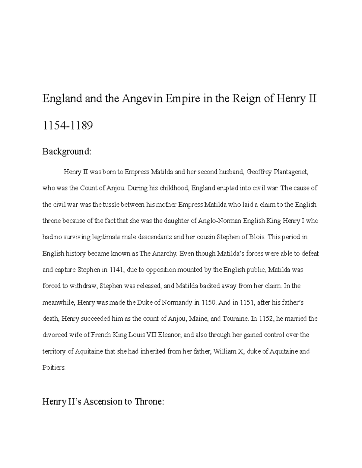 England and the angevin empire in the reign of henry ii project 20