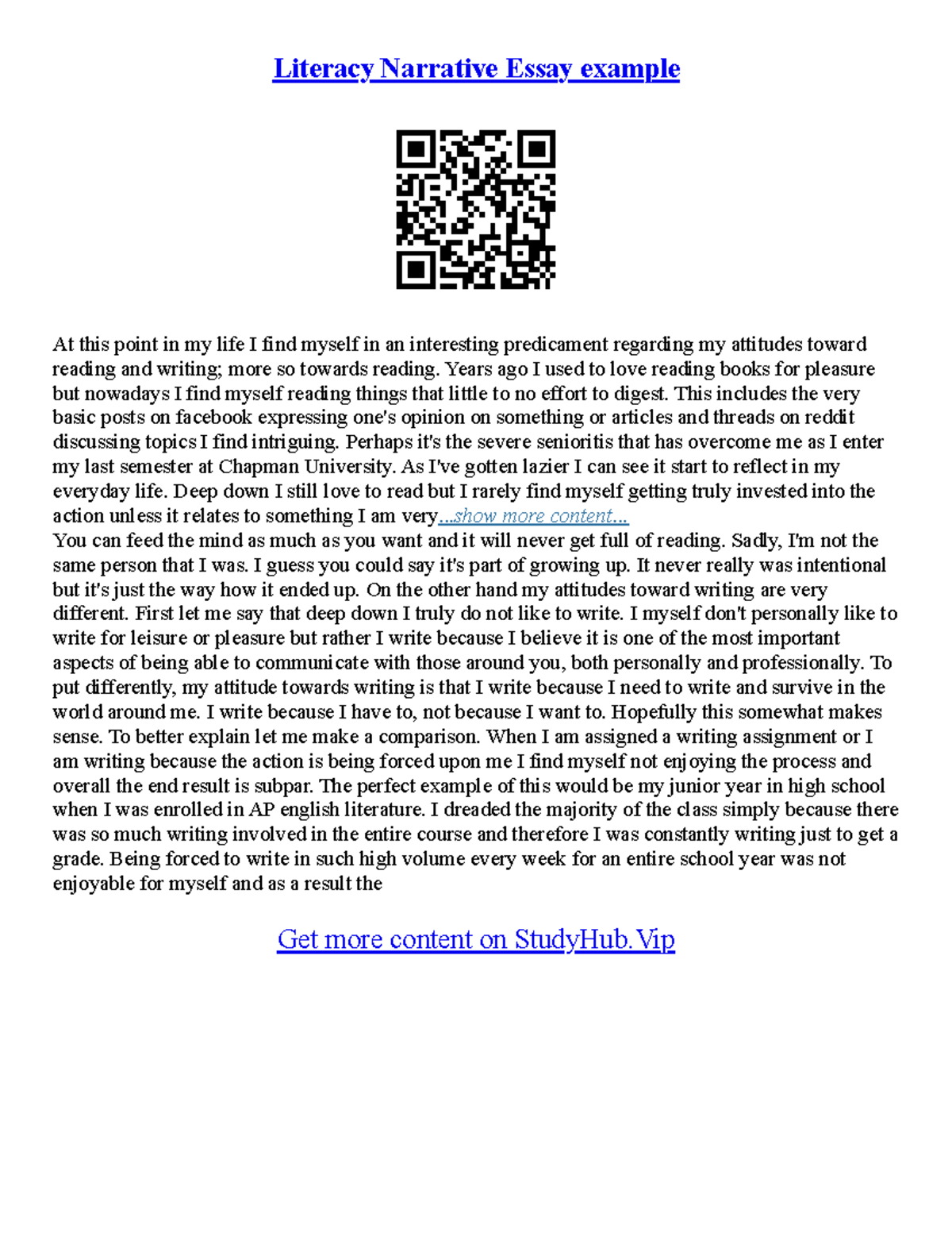 An Example Of Narrative Essay - Literacy Narrative Essay example At ...