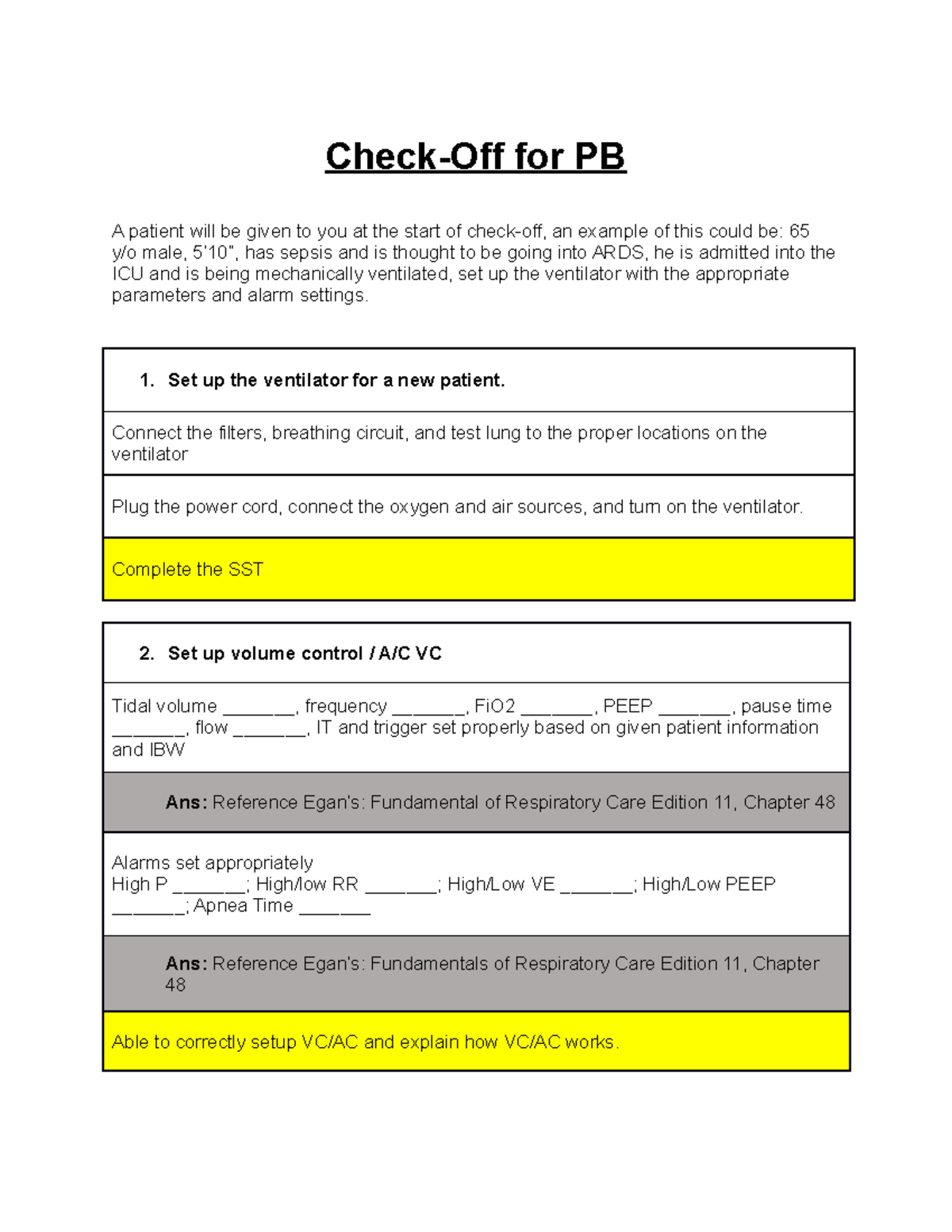PB Vent Check Off Mechanical Ventilation CheckOff for PB A patient