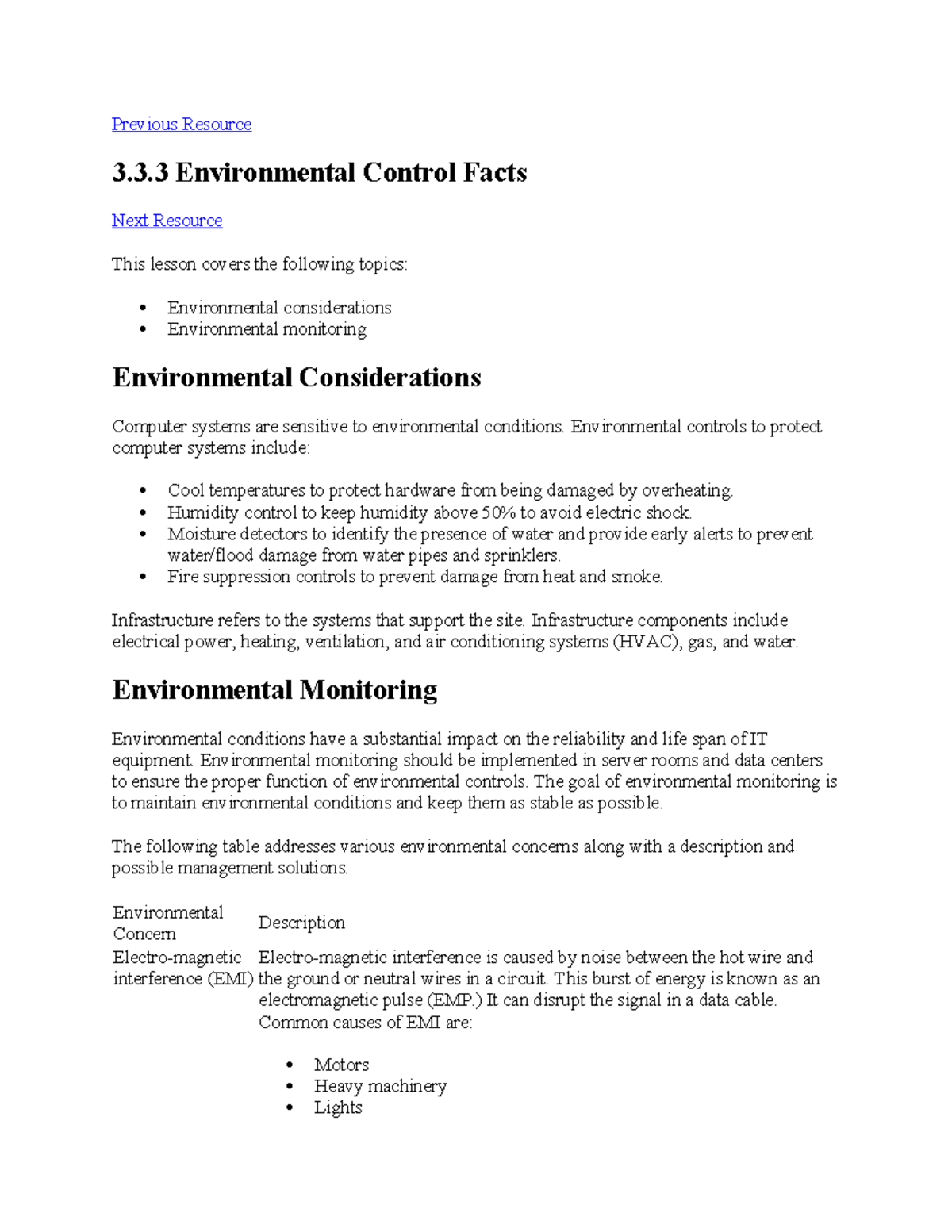 3.3.3 Environmental Control Facts Previous Resource 3.3 Environmental
