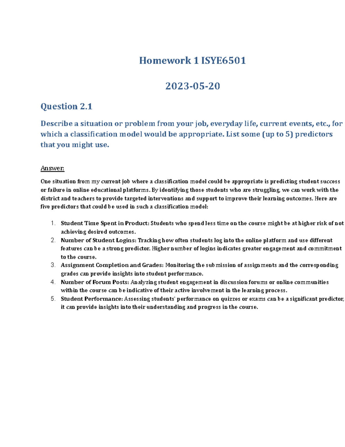 HW1 Final Solution - Homework1 - Homework 1 ISYE 2023-05- Question 2 ...