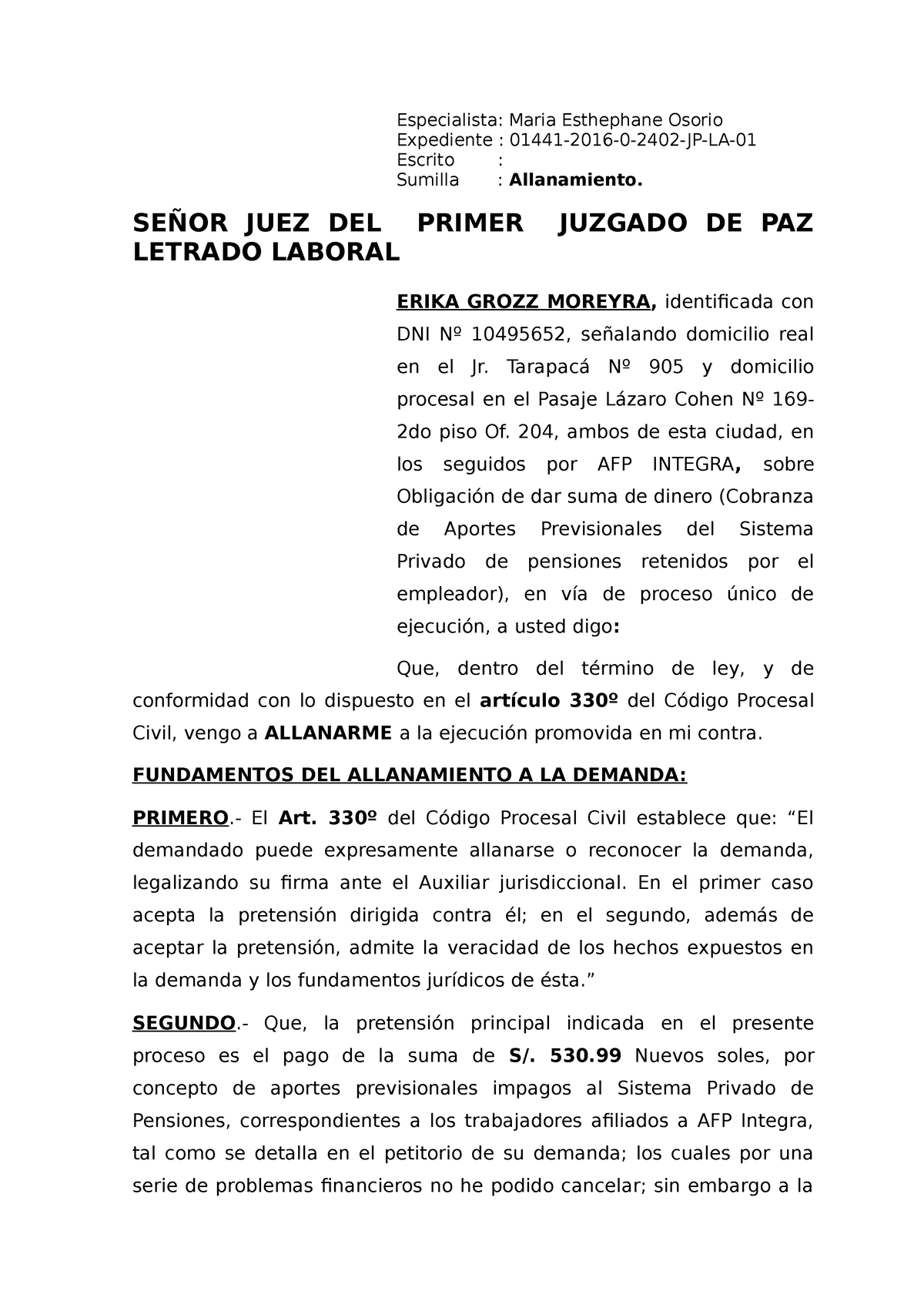 410163597 Allanamiento DE Demanda AFP docx - Especialista: Maria Esthephane  Osorio Expediente : - Studocu