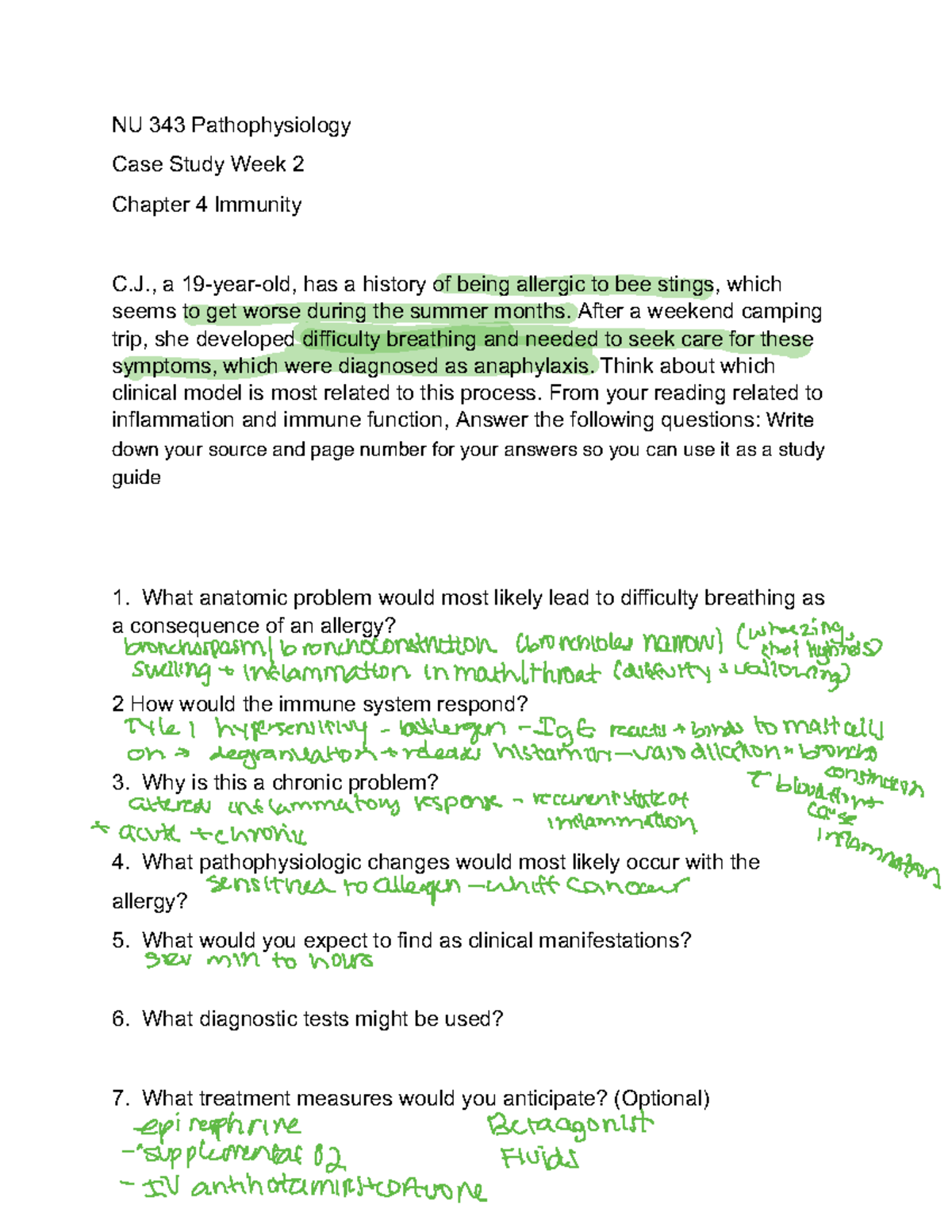 Week 2- Lecture And Case Studies - NU 343 Pathophysiology Case Study ...