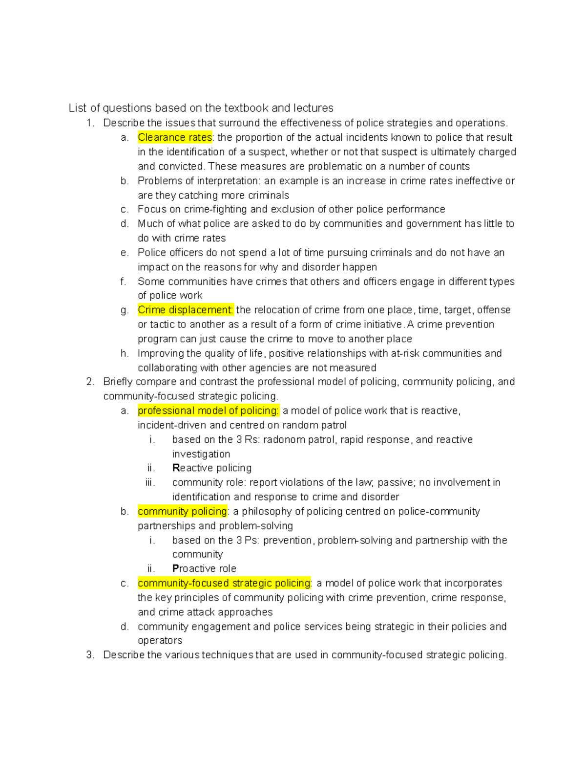 Copy of CRIM 131 Final exam prep - List of questions based on the ...