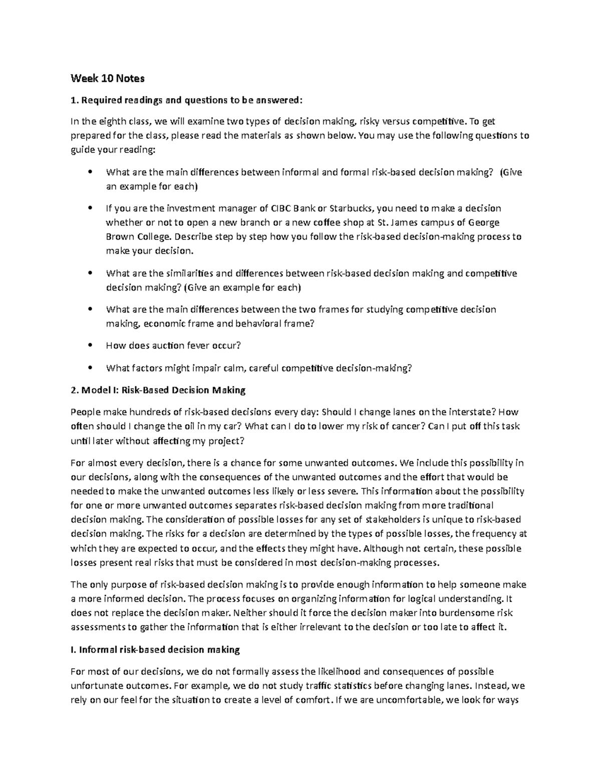Week 10 Notes - MGMT 1020 - George Brown College - Studocu