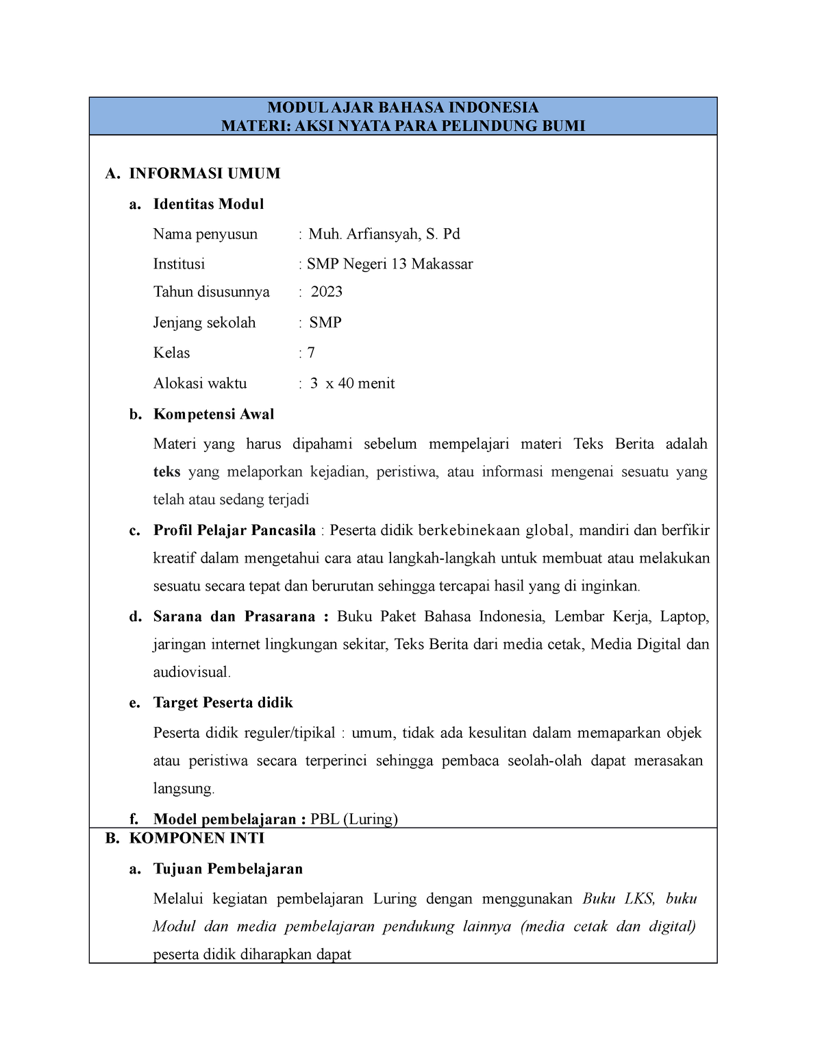 Modul AJAR Bahasa Indonesia - MODUL AJAR BAHASA INDONESIA MATERI: AKSI ...