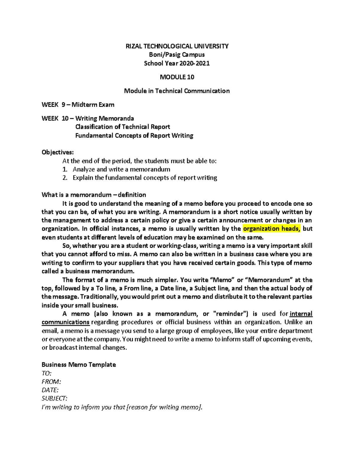 Flashcard for Memorandum - RIZAL TECHNOLOGICAL UNIVERSITY Boni/Pasig ...