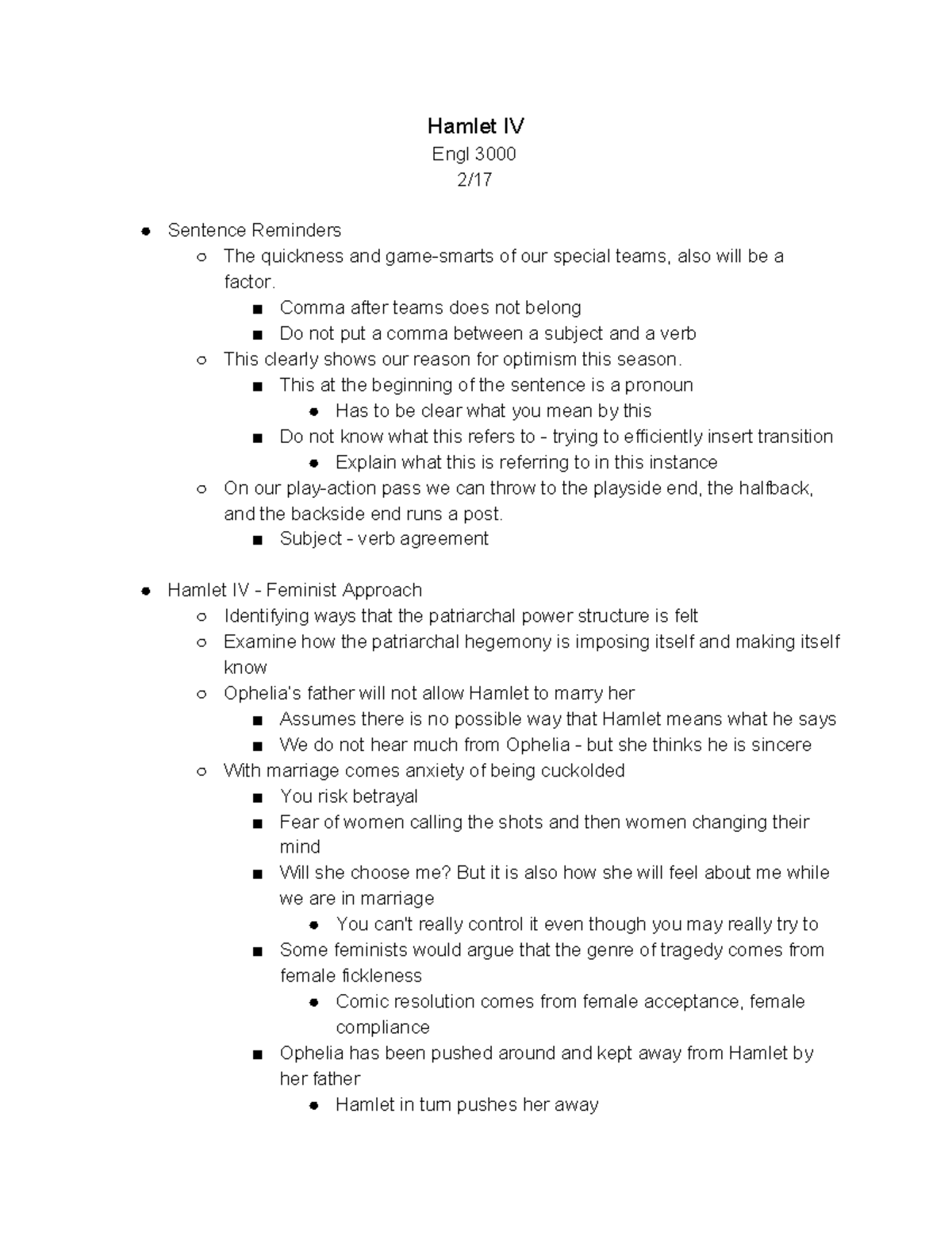 Hamlet IV Dr. John Curran Hamlet IV Engl 3000 2/ Sentence Reminders