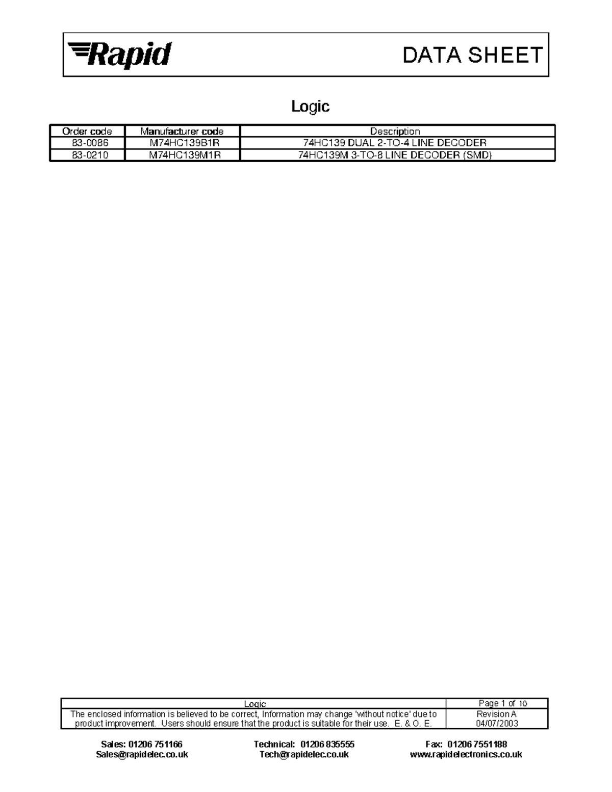 83-0086e Lab 2 - Data sheet for Dual 2-to-4 Line Decoder - DATA SHEET ...