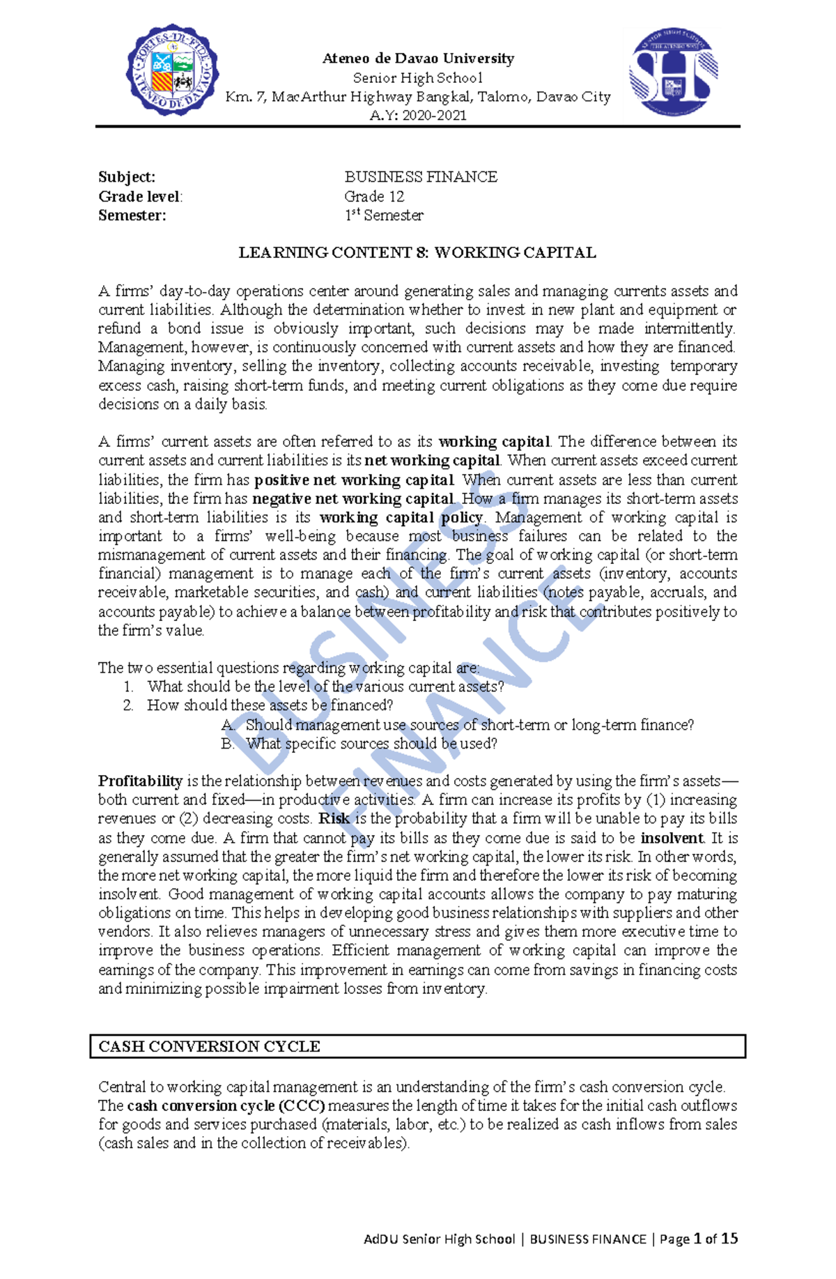 H8 Working Capital n/a Ateneo de Davao University Senior High