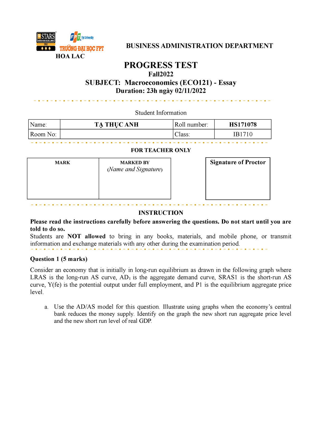 TẠ THỤC ANH ECO121 Progress-TEST - HOA LAC BUSINESS ADMINISTRATION ...