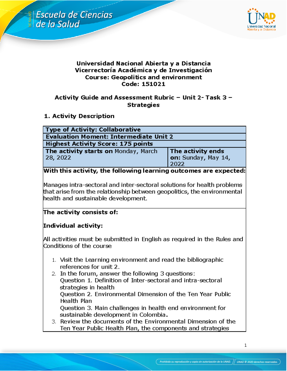 Activities guide and evaluation rubric - Unit 2 - Task 3 - Strategies ...