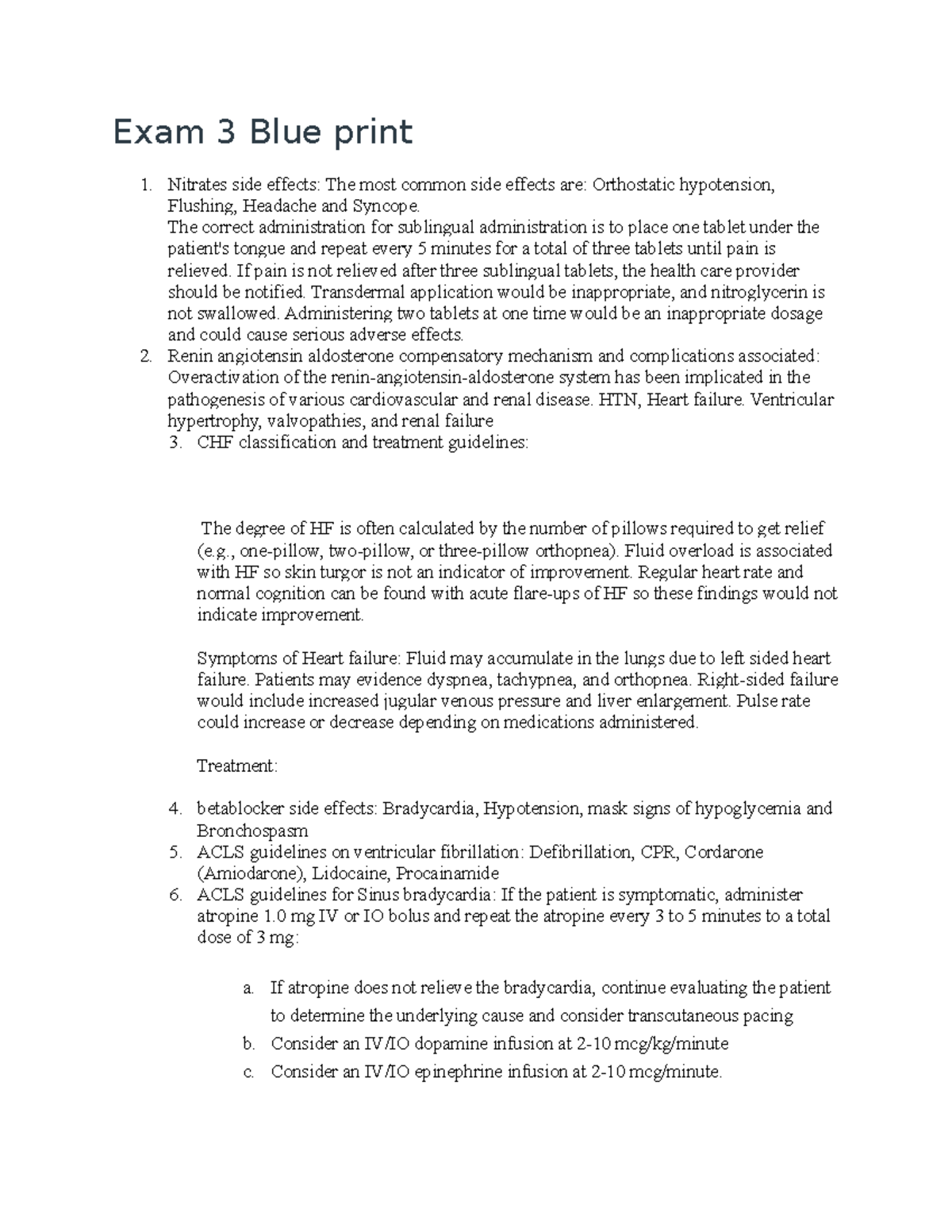 Quiz+3+Review+28129 - n/a - Exam 3 Blue print 1. Nitrates side effects ...