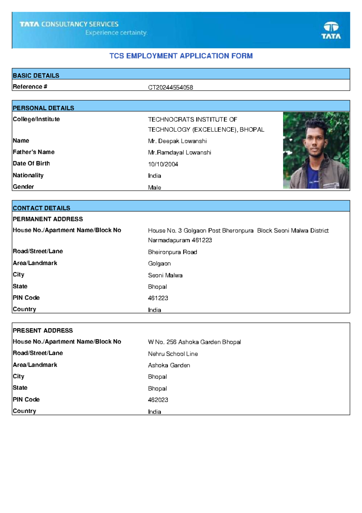 CT20244554058 Application - TCS EMPLOYMENT APPLICATION FORM BASIC ...