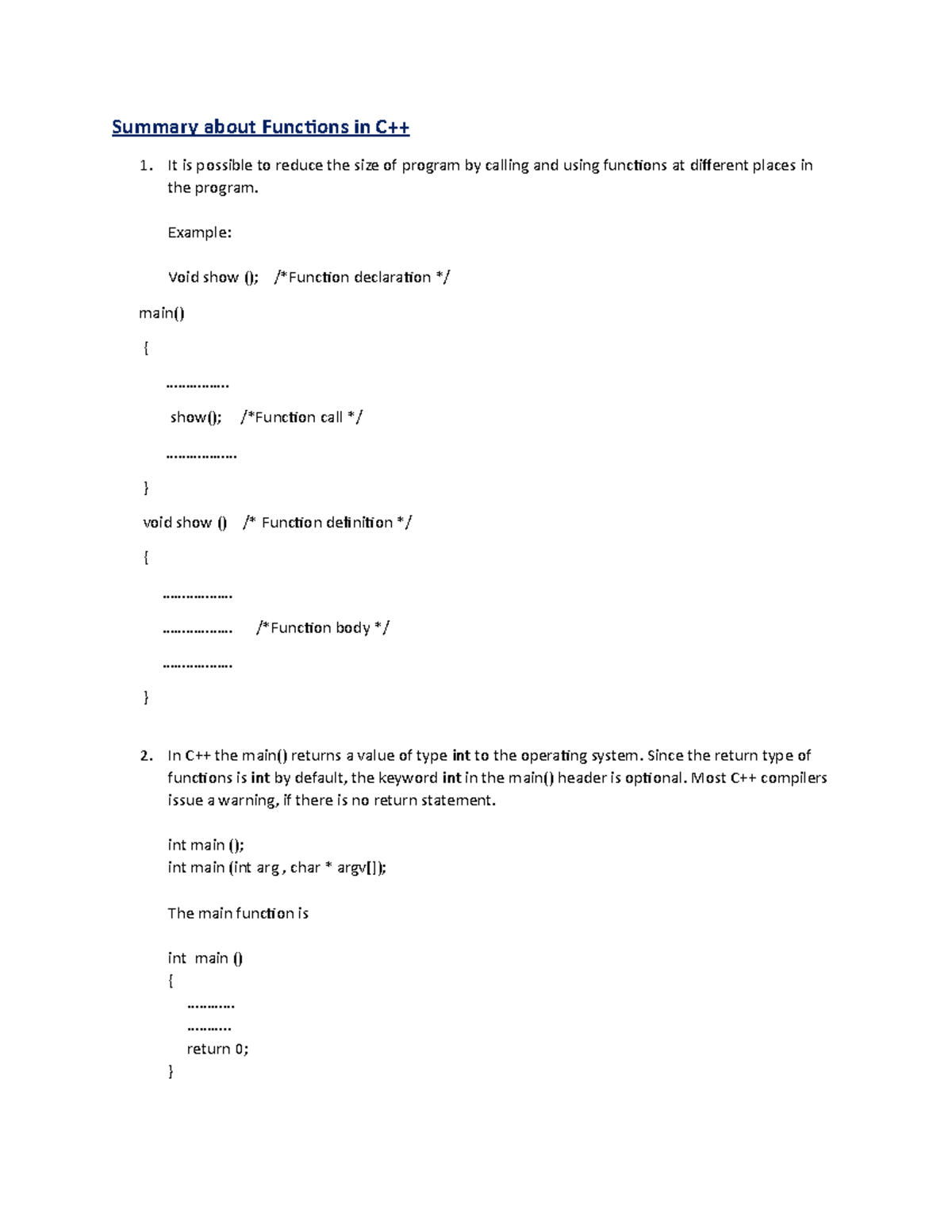 Summary about functions in C++ - ‌Summary‌about‌Func琀椀ons‌in‌C++ It is ...