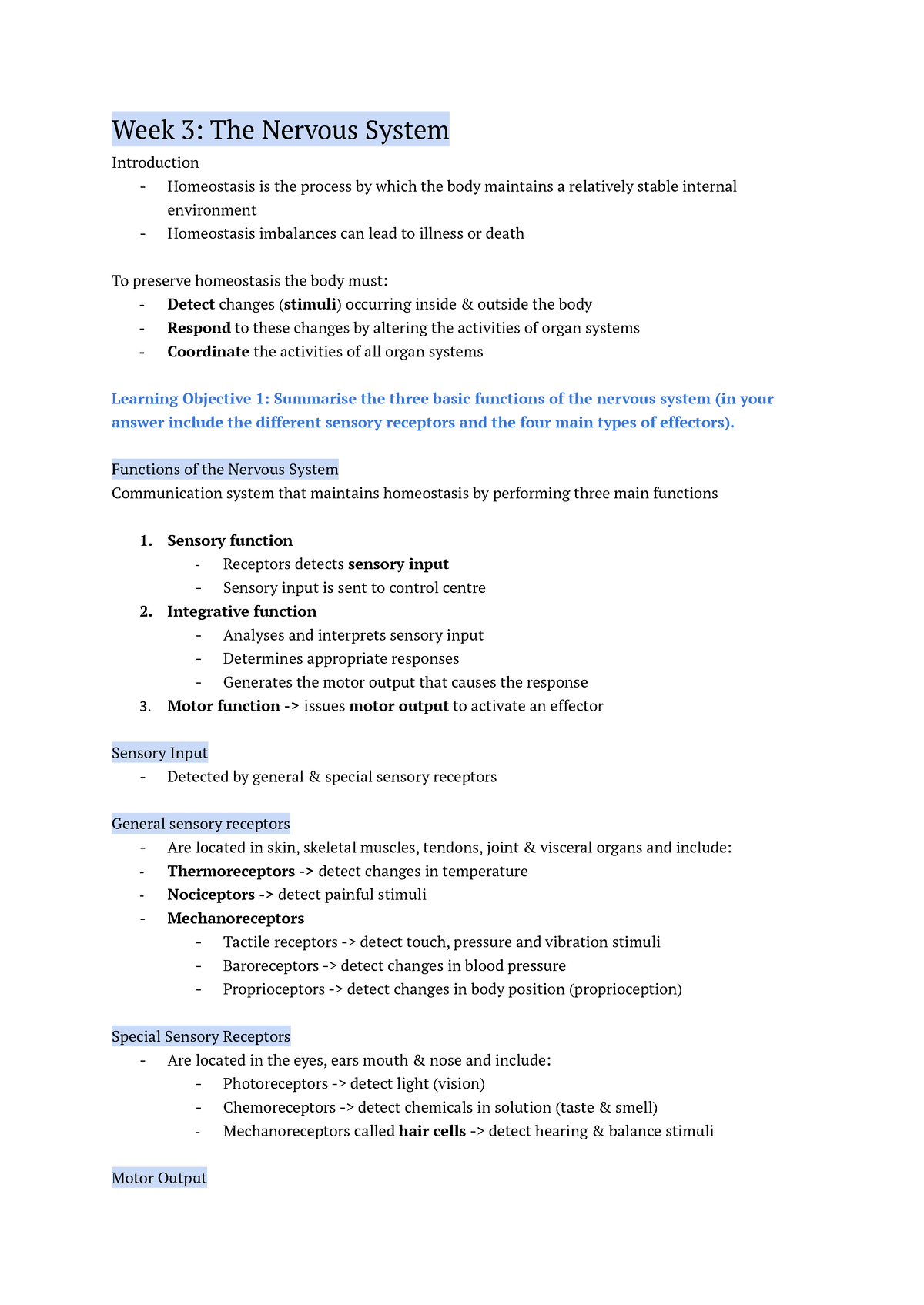 week 3 assignment nervous system and the sense