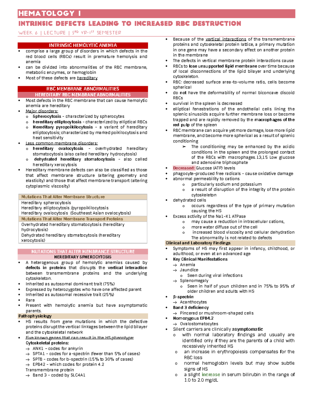 Week 6. Intrinsic Defects Leading To Increased RBC Destruction ...