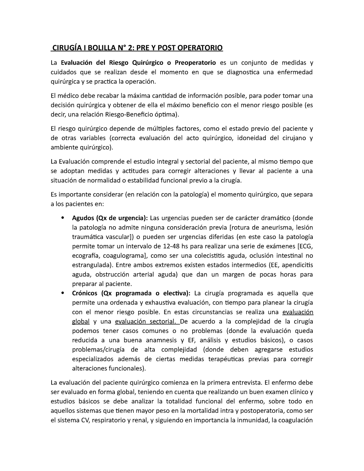 2-Pre Y Postoperatorio - CIRUGÍA I BOLILLA N° 2: PRE Y POST OPERATORIO ...