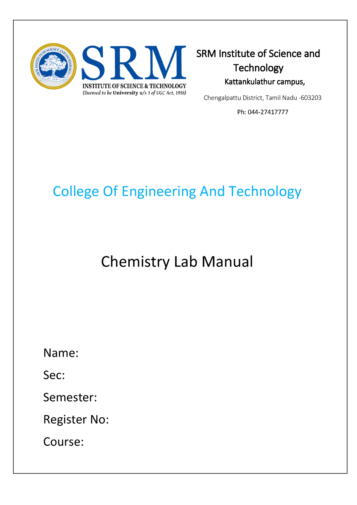 Btech Chemistry Laboratory (21CYB101J) - College Of Engineering And ...