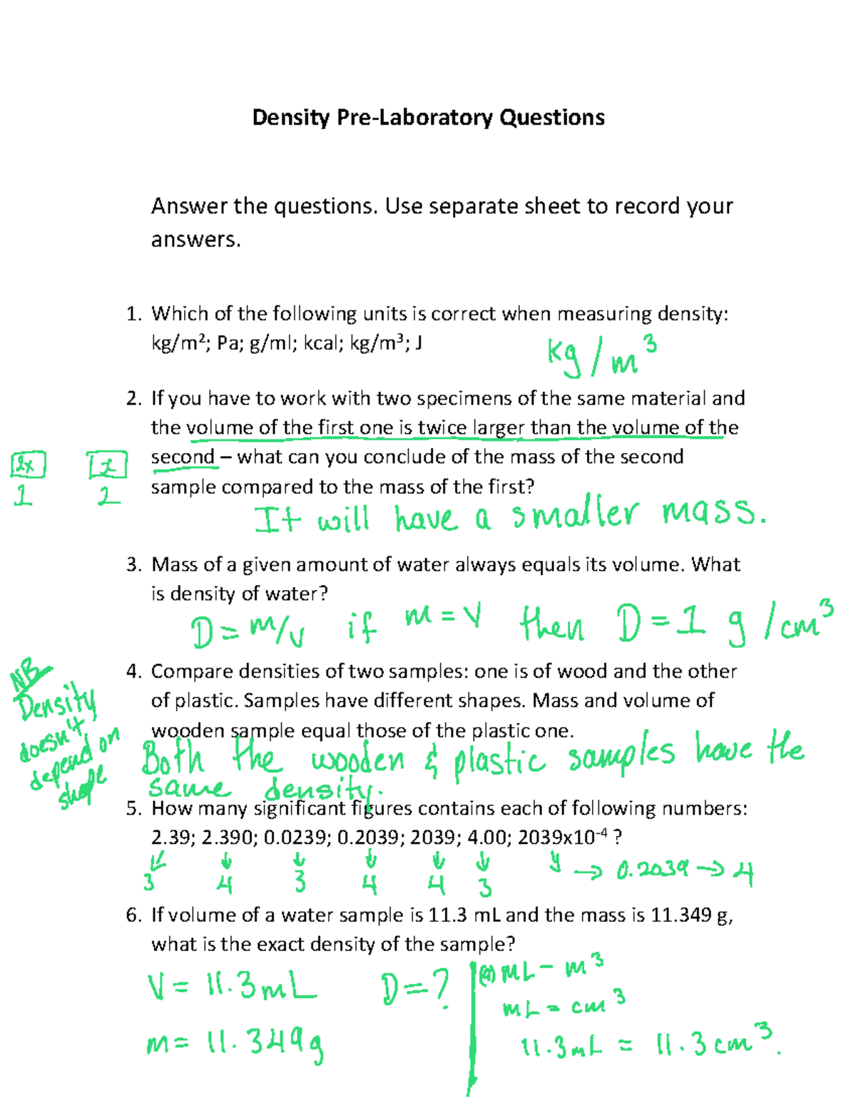 Lab 1 Density Lab Module Density PreLaboratory Questions Answer the