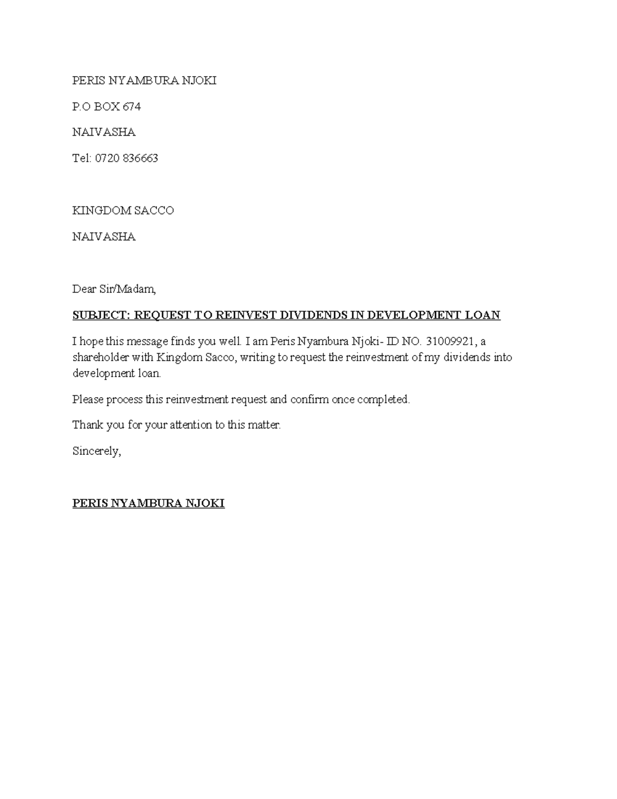 Letter of request - PERIS NYAMBURA NJOKI P BOX 674 NAIVASHA Tel: 0720 ...