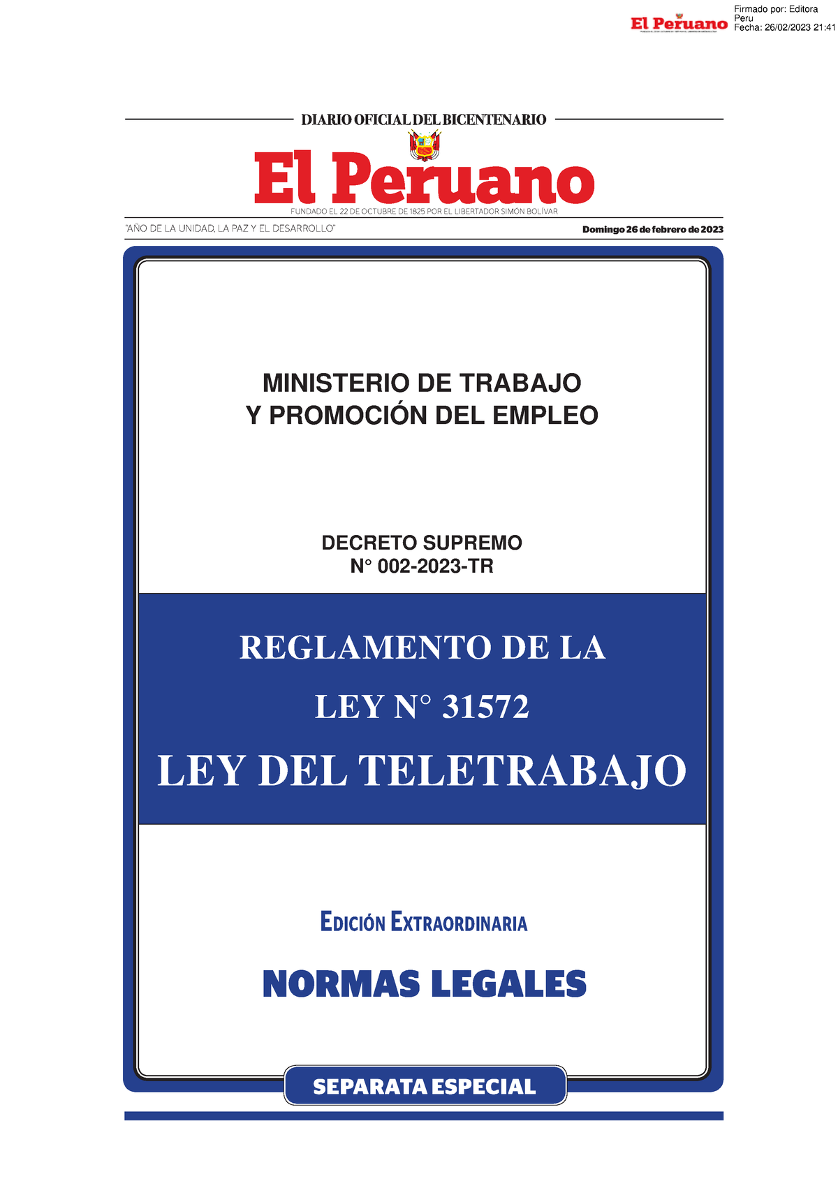 Decreto Supremo Que Aprueba El Reglamento De La Ley N 31572 Decreto Supremo N 002 2023 Tr 2692