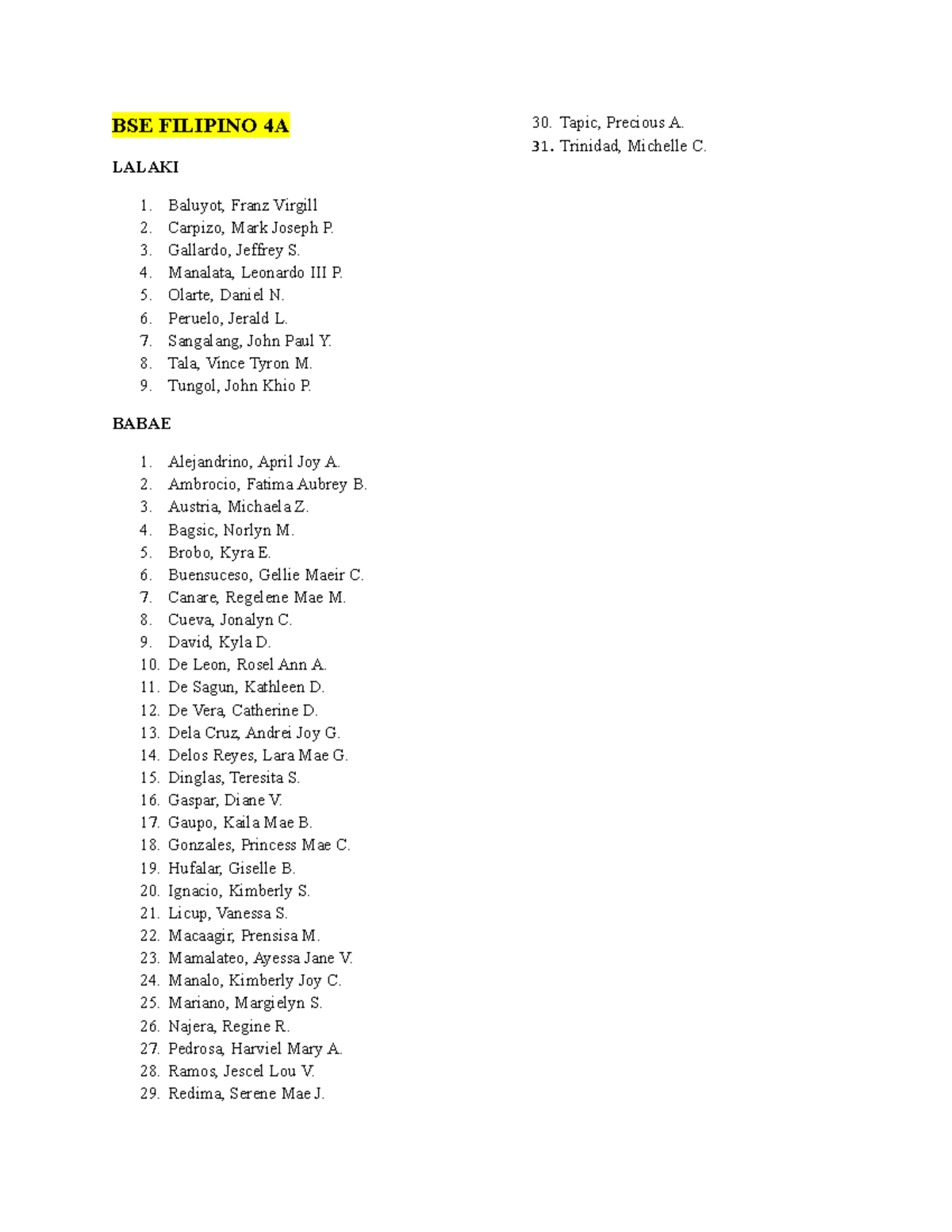 BSE Filipino 4A - VAVAVA - BSE FILIPINO 4A LALAKI Baluyot, Franz ...
