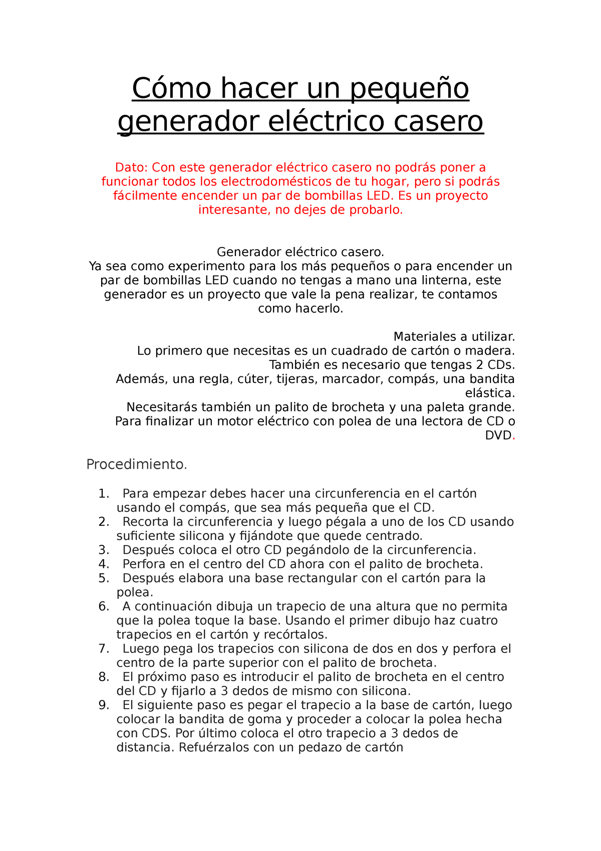 Cómo hacer un pequeño generador eléctrico casero - Cómo hacer un pequeño  generador eléctrico casero - Studocu