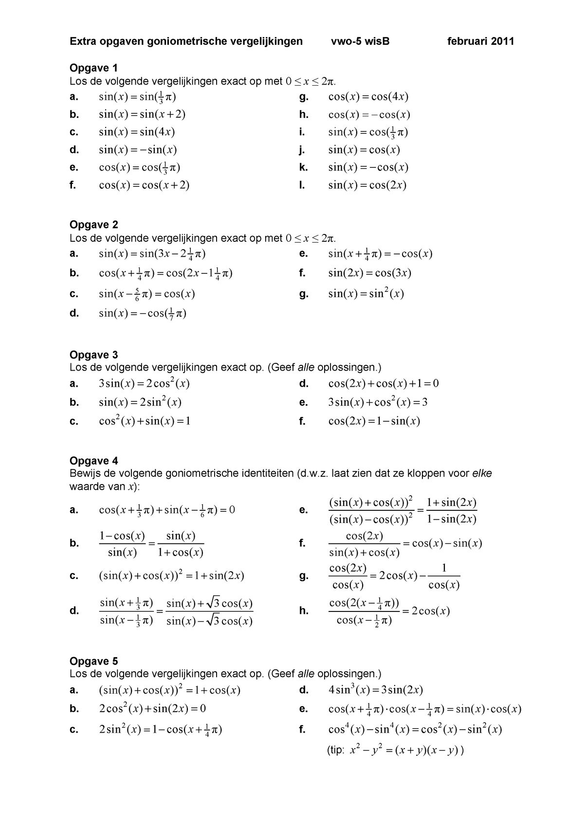 Extra Opgaven Goniometrische Vgl - Vwo5 Wis B - Feb 2011 Rlg - Extra ...