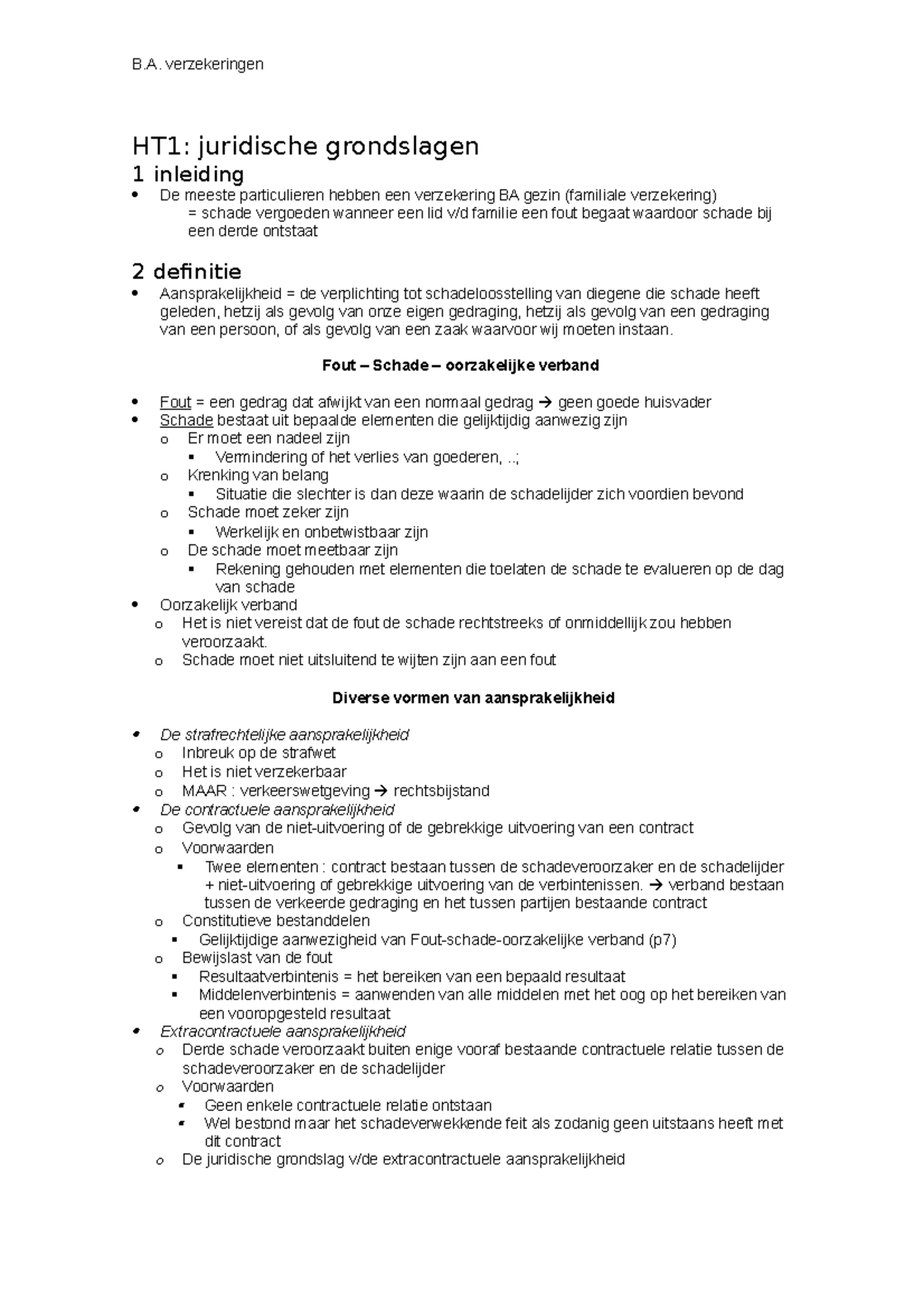 Samenvatting BA verzekeringen HT1 juridische grondslagen 1 inleiding
