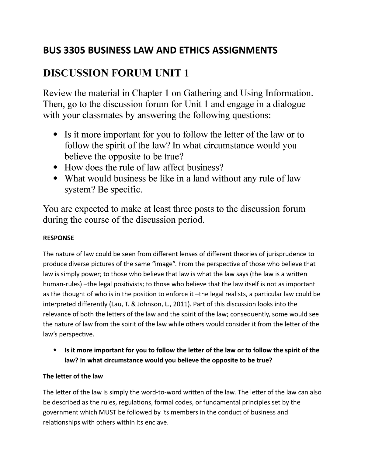 BUS 3305 UNIT 1 Discoussion Assignment - BUS 3305 BUSINESS LAW AND ...