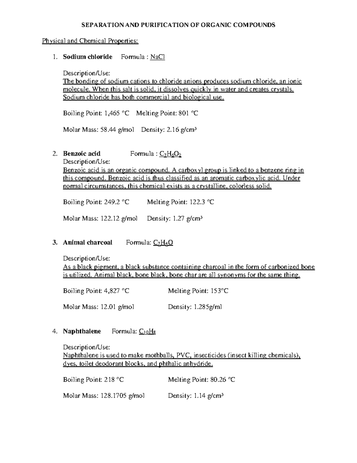 Separation and Purification of Organic Compounds DATA Sheet SEPARATION AND PURIFICATION OF