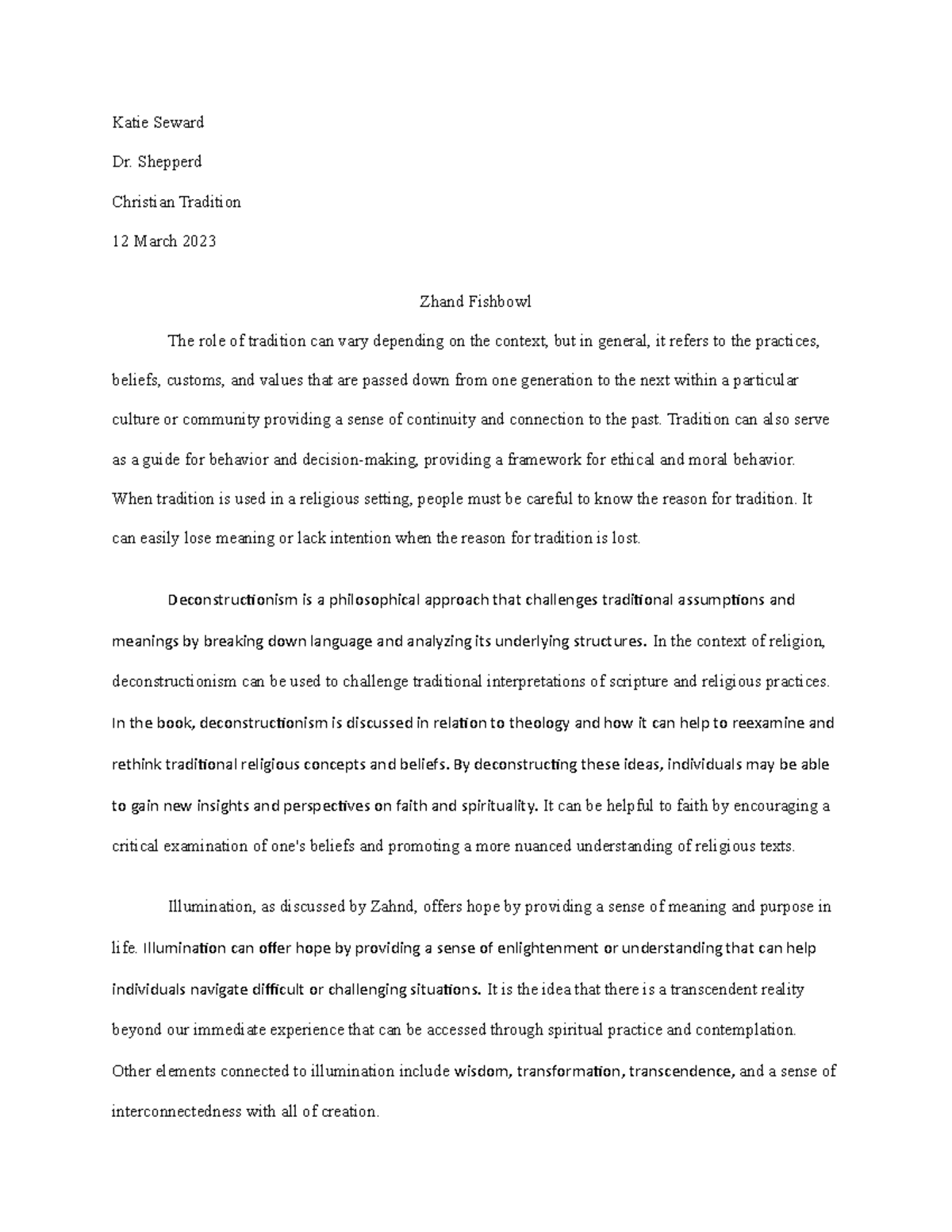 Fishbowl Questions Katie Seward Dr. Shepperd Christian Tradition 12 March 2023 Zhand Fishbowl