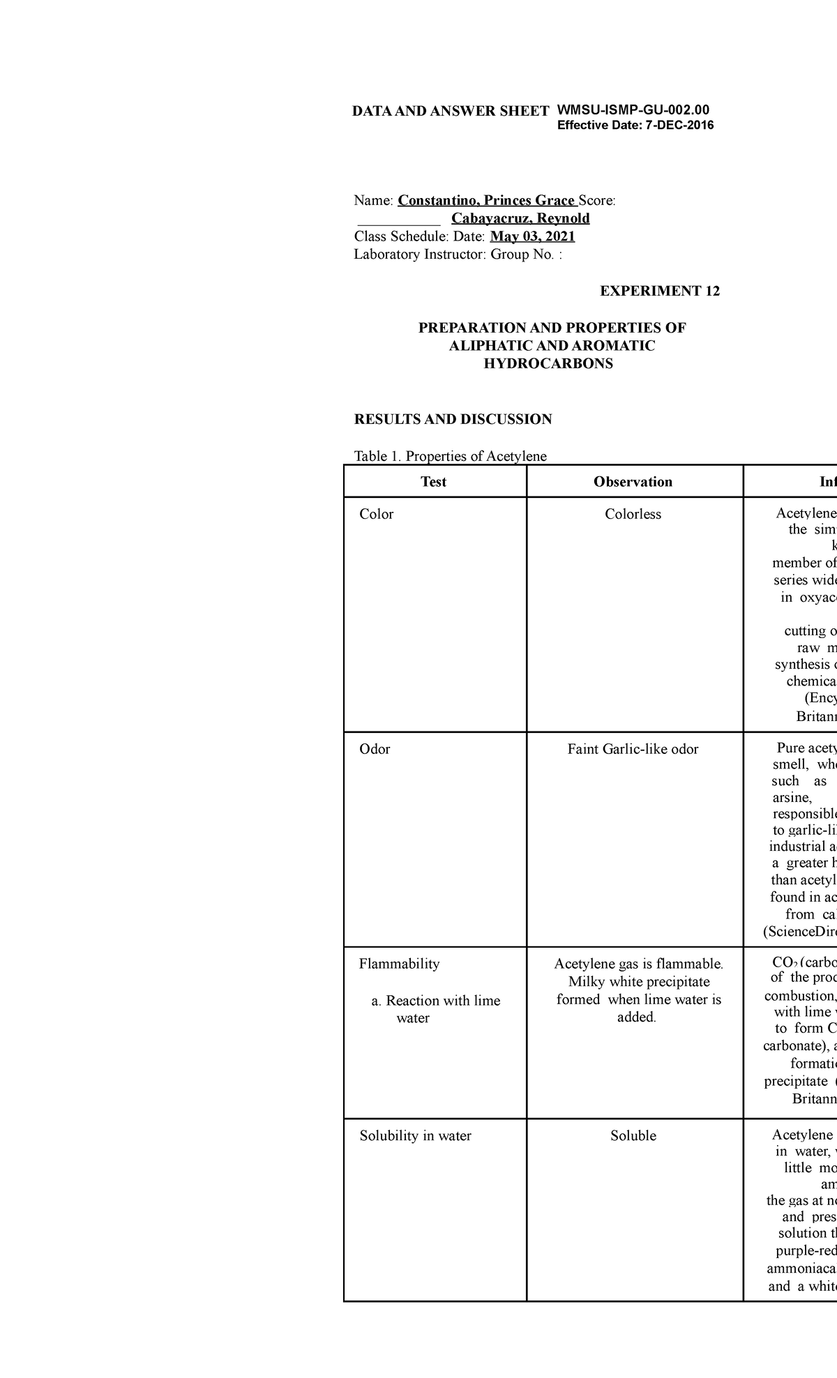Experiment 12 PREPARATION AND PROPERTIES OF ALIPHATIC AND AROMATIC