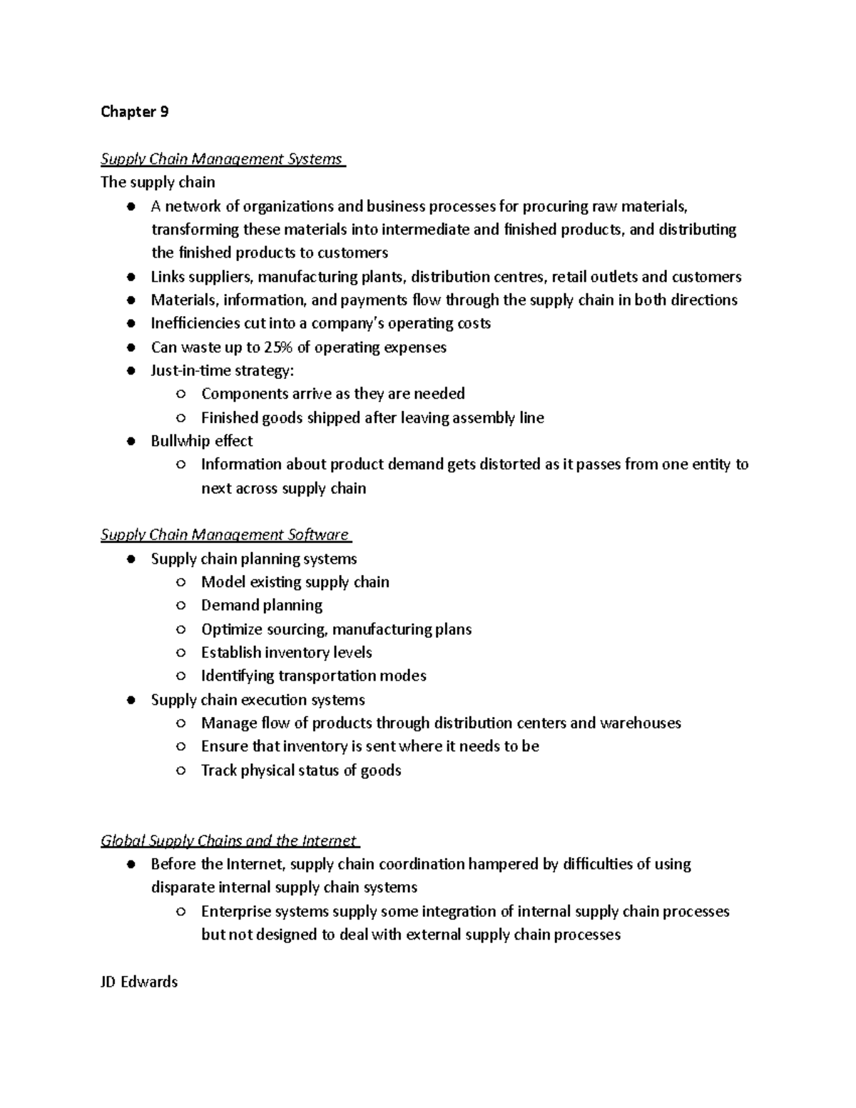 Chapter 9 - Class notes - Chapter 9 Supply Chain Management Systems The ...