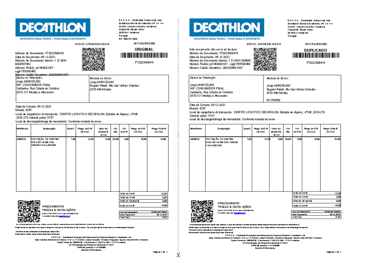 Decathloninvoice12300410000687462 Dados de Faturação MARCELINO NIF CONSUMIDOR FINAL