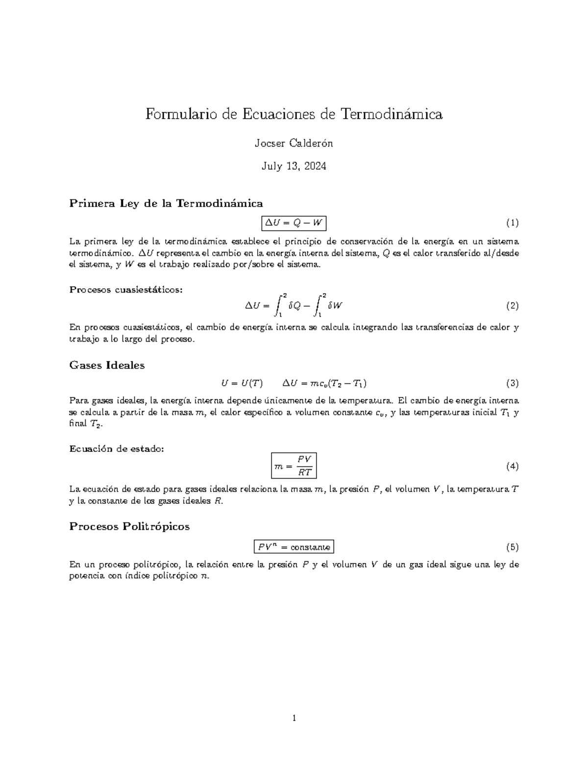 Fundamentos Termodinámica - Formulas fundamentales - Formulario de ...