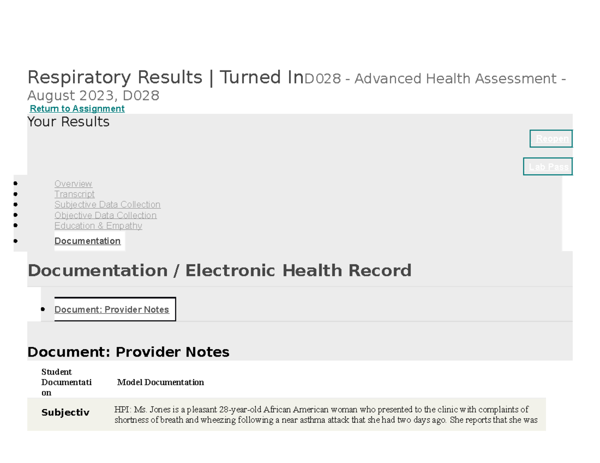 Shadow Health Respiratory Documentation EHR- Tina Jones - Respiratory ...