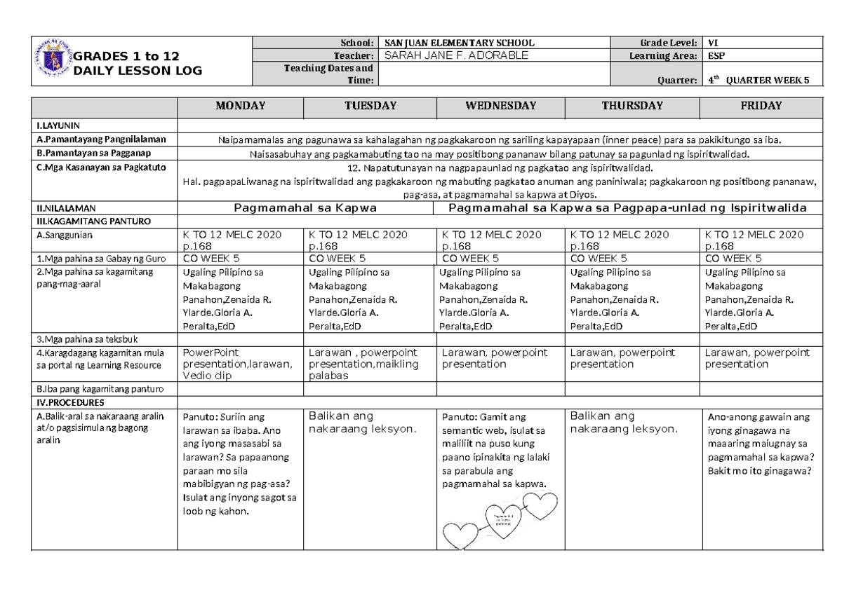 Dll esp 6 q4 w5 daily learning log grades 1 to 12 daily lesson log