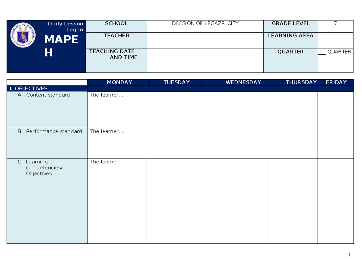 DLL- Mapeh- Template - Daily Lesson Log in MAPE H SCHOOL DIVISION OF ...
